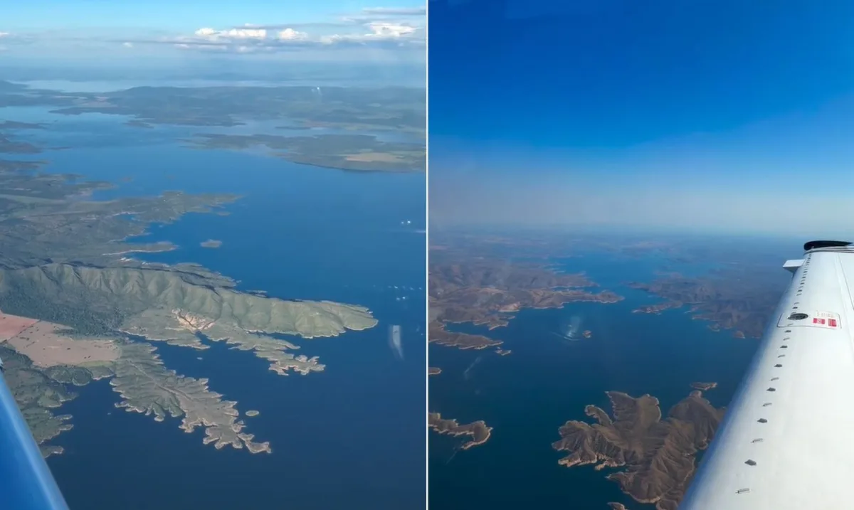 Piloto registra imagens do Lago Serra da Mesa durante voo em Goiás