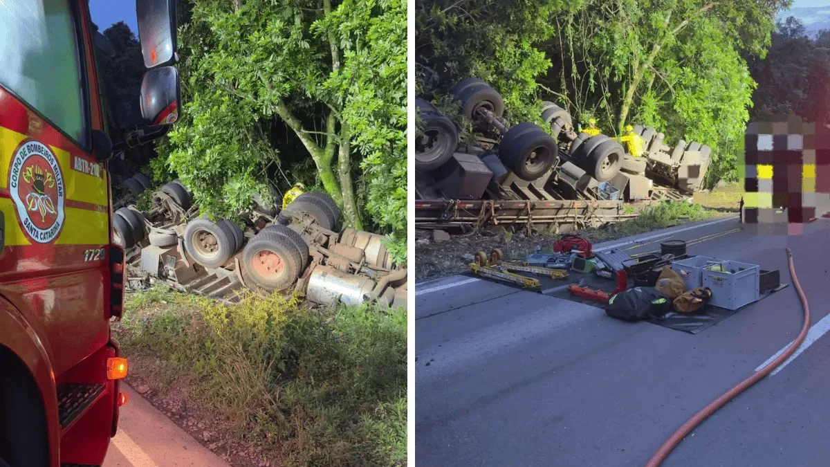 Motorista é resgatado após caminhão capotar em ribanceira na BR-282
