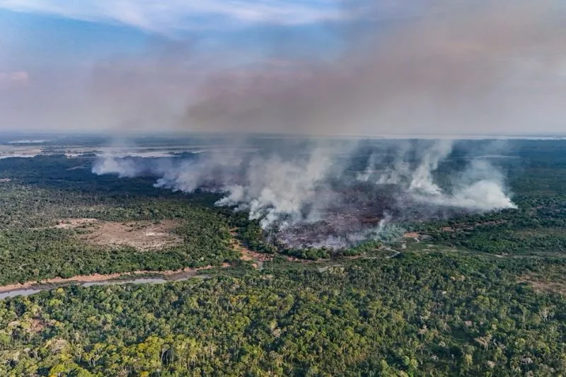 Bombeiros combatem incêndio em área de várzea de Itacoatiara