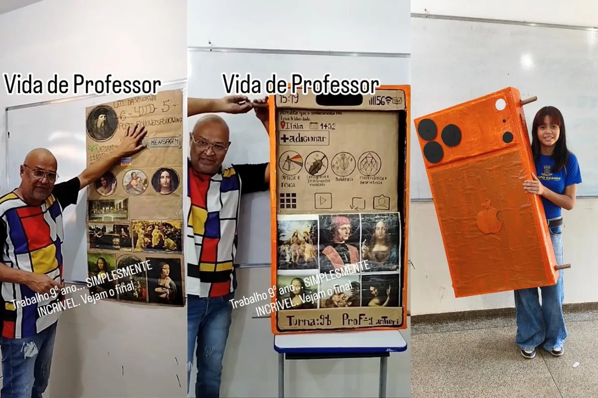 Aluna cria celular de papelão com perfil de Leonardo da Vinci