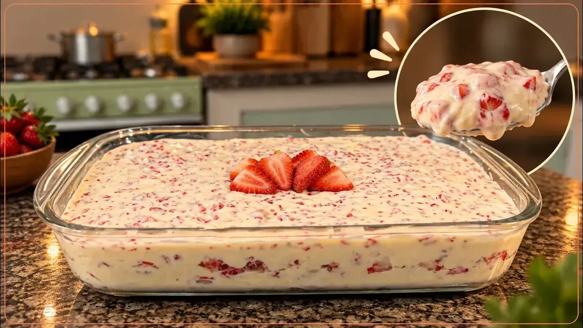 Morango cravejado na travessa combina creme, fruta e crocante vermelho