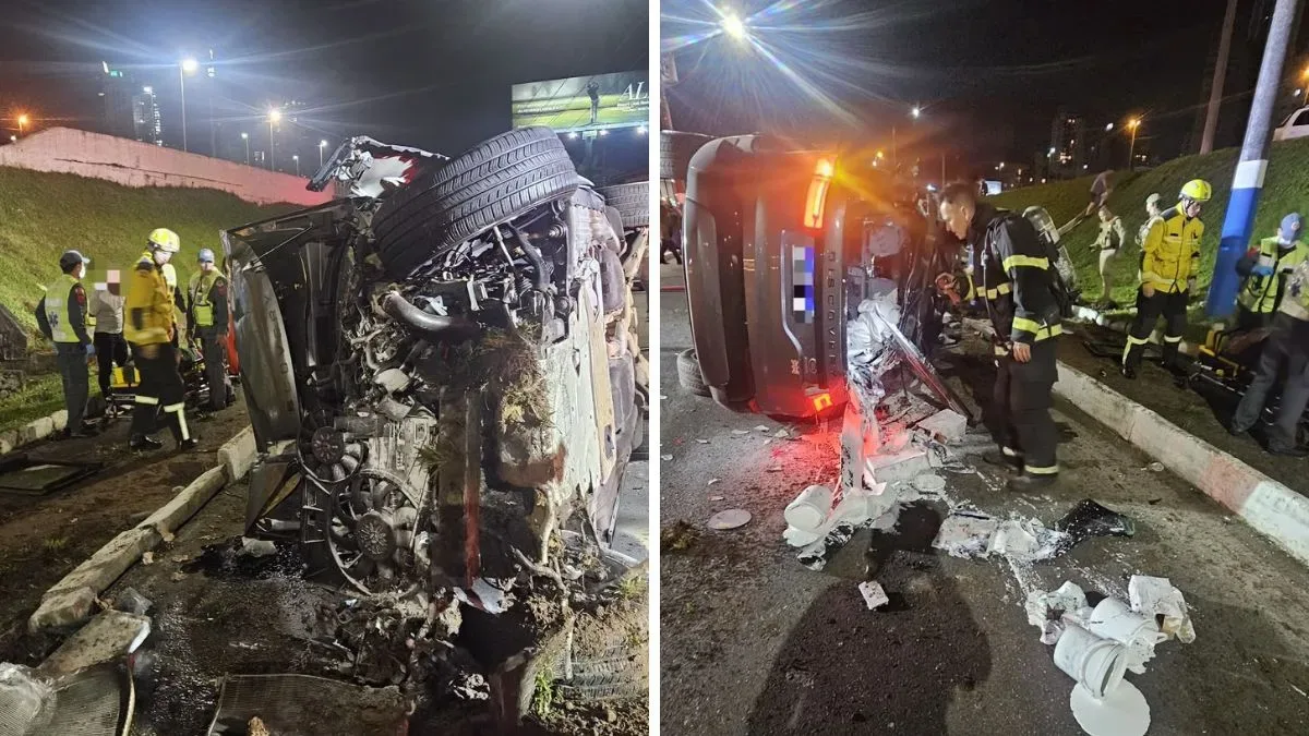 Land Rover é recolhida após acidente e incêndio na BR-101 em Balneário Camboriú