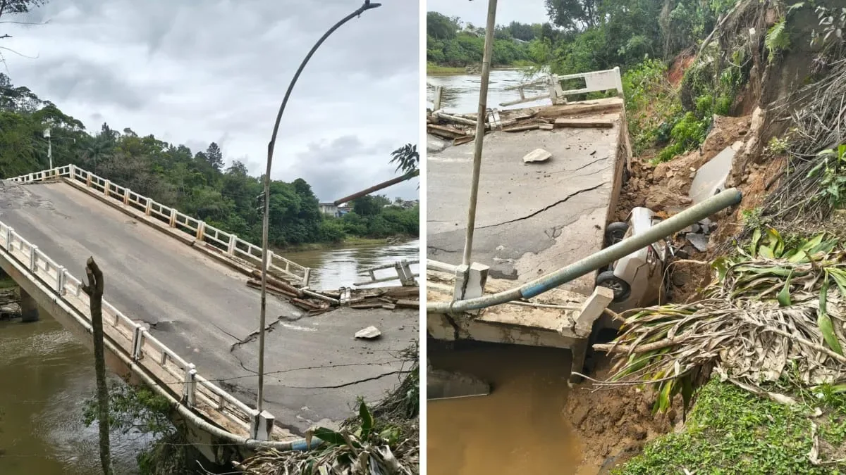 Carro cai com ponte em Canelinhas; duas pessoas ficam feridas